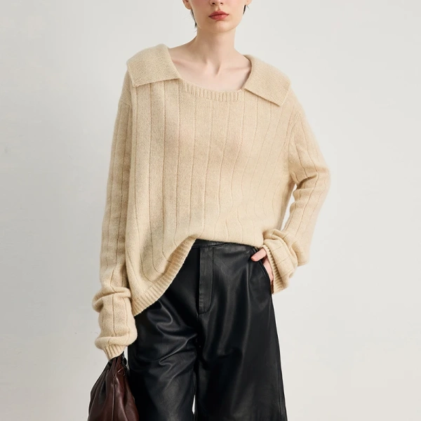 Turn Down Collar Cashmere Knitwear Luxury 100% Cashmere Knitted Sweater Women