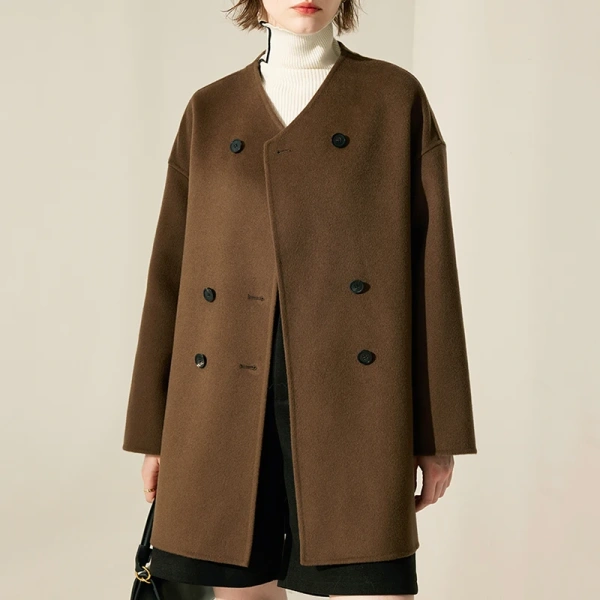 Double Breasted Woolen Coat Mid Length Double Faced Winter 100% Real Wool Coats Women - Image 5