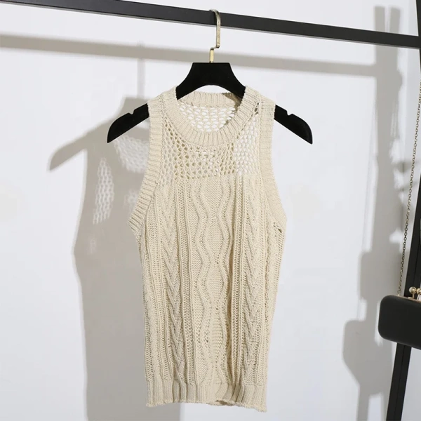 Sleeveless Hollow Out Knitted Cotton Sweater Vest Women - Image 4