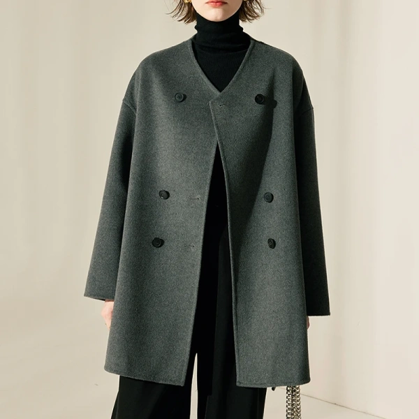Double Breasted Woolen Coat Mid Length Double Faced Winter 100% Real Wool Coats Women